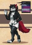 absurd_res anthro black_nose body_stickers canid canine canis cel_shading cellphone clothing collar crotch_tape electronics eyewear female fur glasses hi_res holding_object jacket legwear looking_at_object looking_at_phone mammal phone red_ears red_tail sanguinarywolf scotik_productions shaded solo tail tape telegram texting thigh_highs topwear walking white_body white_fur wolf