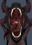 absurd_res ambiguous_gender black_eyes blue_background bodily_fluids dragon fangs feral forked_tongue front_view grey_body grey_horn hi_res horn imperatorcaesar looking_at_viewer mouth_shot open_mouth red_eyes red_tongue saliva saliva_string scalie sharp_teeth simple_background solo teeth tongue tongue_out