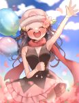  1girl arm_up balloon black_hair black_shirt blue_sky blush closed_eyes cloud dawn_(pokemon) flower hair_flower hair_ornament highres holding holding_balloon open_mouth pink_skirt pokemon pokemon_dppt red_scarf scarf shirt skirt sky smile sobacha solo teeth upper_teeth_only waving white_headwear 