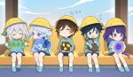  2boys 3girls aged_down aqua_eyes aqua_hair black_hair blue_eyes blue_hair blue_shirt blue_shorts blue_skirt braid brown_hair bus_interior closed_eyes closed_mouth furina_(genshin_impact) genshin_impact gradient_hair green_hair grey_hair hair_between_eyes hair_ornament hat hei_lang heterochromia kindergarten_uniform long_hair multicolored_hair multiple_boys multiple_girls nahida_(genshin_impact) open_mouth pointy_ears purple_eyes purple_hair raiden_shogun school_hat school_uniform shirt shoes shorts skirt sleeping smile socks stuffed_toy twin_braids venti_(genshin_impact) white_hair zhongli_(genshin_impact) 