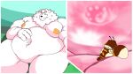 abstract_background antennae_(anatomy) anthro arthropod barazoku bee belly big_belly brown_body brown_fur bumble_beans(fujiyamasamoyed) butt canid canine canis digital_media_(artwork) domestic_dog duo fluffy fujiyama_kenhaku fujiyama_samoyed_(artist) fur hand_print hi_res huge_belly hybrid hymenopteran hyper insect kemono male mammal micro navel_vore nipples nordic_sled_dog nude obese obese_anthro obese_male overweight overweight_anthro overweight_male pocket_dimension raccoon_dog samoyed size_difference spitz tanuki text vore white_body white_fur wings yellow_body
