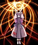  arms_up blue_ribbon crescent crescent_hair_ornament danmaku dress fire hair_ornament hirosato long_hair magic patchouli_knowledge purple_eyes purple_hair red_ribbon ribbon simple_background solo striped striped_dress touhou vertical_stripes 