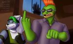 alligator alligatorid anthro canid canine canis cosplay crocodilian duo eyewear female five_nights_at_freddy&#039;s five_nights_at_freddy&#039;s:_security_breach gesture hi_res johnny_cage kyot092 male mammal middle_finger montgomery_gator_(fnaf) mortal_kombat open_mouth reptile roxanne_wolf_(fnaf) scalie scottgames sonya_blade steel_wool_studios sunglasses wolf