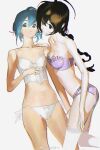  2girls ahoge bare_arms bare_legs black_eyes black_hair blue_eyes blue_hair bra braid camisole chinese_commentary closed_mouth collarbone commentary_request cowboy_shot frilled_bra frilled_panties frills guigui_rongrong hair_bun hand_on_another&#039;s_shoulder hand_on_own_chest highres lace-trimmed_panties lace-trimmed_socks lace_trim light_frown long_hair low_twin_braids multiple_girls navel original over-kneehighs pale_skin panties purple_bra purple_panties ribbon short_hair simple_background single_hair_bun socks spaghetti_strap stomach thighhighs twin_braids underwear watermark weibo_logo weibo_username white_background white_camisole white_panties white_ribbon white_socks 