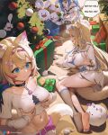  3girls animal_ears bare_shoulders barefoot black_choker blonde_hair blue_eyes blue_hair blush box braid breast_envy breasts choker christmas_tree colored_inner_hair commentary crop_top dress english_commentary english_text feet fishnet_socks fishnets fuwawa_abyssgard gift gift_box grabbing_own_breast greatodoggo highres hololive large_breasts legs long_hair mococo_abyssgard multicolored_hair multiple_girls navel no_shoes one_breast_out panties pleated_skirt short_hair single_sock skirt socks soles tail thighs toes twin_braids two-tone_hair underwear usada_pekora very_long_hair virtual_youtuber white_dress white_panties 