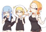  3girls black_eyes black_shirt black_shorts blonde_hair blue_eyes blue_hair breasts cleavage closed_mouth clothes_lift collarbone eating eyelashes food inkling inkling_girl inuowour licking long_hair medium_breasts medium_hair multiple_girls one_eye_closed orange_hair pointy_ears popsicle shirt shirt_lift short_shorts shorts simple_background single_bare_shoulder splatoon_(series) sweat tentacle_hair towel upper_body white_background yellow_eyes 