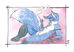 absurd_res anthro blue_body blue_fur canid canine fox fur genitals henryfox hi_res looking_at_viewer lying male mammal nude on_back smoking triplecorne