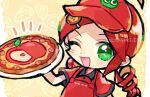  1girl andou_ringo apron commentary doradorakingyo drill_hair food green_eyes holding holding_plate looking_at_viewer one_eye_closed open_mouth pizza pizza_hair_ornament plate puyo_(puyopuyo) puyopuyo puyopuyo_7 puyopuyo_quest red_apron red_headwear red_shirt shirt short_sleeves solo symbol-only_commentary twin_drills twitter_username 