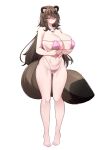  1girl 5danny1206 animal_ears ass_visible_through_thighs barefoot blush breasts brown_hair brown_tail collarbone covered_nipples full_body hair_between_eyes hair_ornament hairclip highres huge_breasts jewelry long_hair navel necklace original purple_eyes raccoon_ears raccoon_girl raccoon_tail ring solo tail tiptoes 