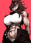  1girl abs bare_shoulders black_pants breasts brown_hair enako_haibara haiena_chan_ni_nerawarete hair_over_one_eye hatching_(texture) highres huge_breasts large_breasts long_hair messy_hair muscular muscular_female naughty_face open_fly pants red_background red_eyes sweat sweatdrop tall_female tank_top tomboy toned unbuttoned unzipped zipper zyugoya 