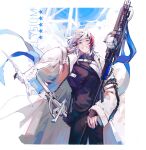  1boy arknights bingbuliguozi bird black_pants black_shirt character_name elysium_(arknights) hand_up highres holding holding_staff jacket multicolored_hair pants red_hair seagull shirt solo staff streaked_hair sword weapon white_hair white_jacket wing_ears 