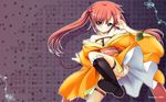  blush boots copyright_request fishnets highres japanese_clothes kimono red_hair shiwo solo twintails wallpaper 