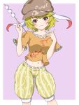  1girl animal_ears blonde_hair border brown_headwear cabbie_hat commentary_request dango floppy_ears food frilled_shirt frilled_shorts frills hat highres looking_at_viewer midriff navel orange_eyes orange_shirt outside_border patterned_clothing puffy_shorts purple_background rabbit_ears ringo_(touhou) shirt short_sleeves shorts smile solo touhou wagashi white_border yellow_shorts zheng3008451858 