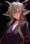  1girl animal_ears arknights black_background black_choker black_shirt blonde_hair breasts choker cleavage degenbrecher_(arknights) drive_shot goat_ears goat_girl goat_horns hair_between_eyes highres horns long_bangs long_hair long_sleeves looking_at_viewer parted_lips shirt simple_background small_breasts smile solo upper_body yellow_eyes 