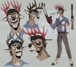 absurd_res anthro antlers black_hair blood blue_clothing blue_topwear bodily_fluids bottomwear brown_antlers brown_body chainsaw clothed clothing deer empty_eyes expression_sheet grey_background grey_bottomwear grey_clothing grey_pants gun hair hi_res holding_gun holding_object holding_shotgun holding_weapon horn imperatorcaesar looking_at_viewer male mammal mouth_closed nipples open_mouth open_smile pants power_tool ranged_weapon red_antlers red_nipples red_tongue sharp_teeth simple_background smile solo standing teeth tongue tools topwear weapon