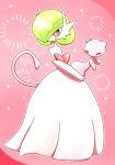  1girl ^_^ artist_name bare_shoulders bob_cut closed_eyes colored_skin commentary_request dress elbow_gloves floating full_body gardevoir gloves green_hair hair_over_one_eye heart heart_in_eye highres long_dress looking_to_the_side mega_gardevoir mega_pokemon mew_(pokemon) one_eye_covered outline partial_commentary pink_background pokemon pokemon_(creature) red_eyes short_hair signature standing strapless strapless_dress symbol_in_eye twitter_username white_dress white_gloves white_outline white_skin yuri_(fl0werspace) 