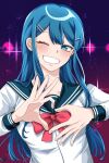  1girl blue_eyes blue_hair blush bow collarbone commentary_request danganronpa:_trigger_happy_havoc danganronpa_(series) grin hair_ornament hairclip heart heart_hands hy_(fjvlg) long_hair long_sleeves looking_at_viewer maizono_sayaka motocho_(hyang_new) multicolored_background one_eye_closed pink_background purple_background red_bow sailor_collar school_uniform serafuku shirt smile solo upper_body white_shirt 