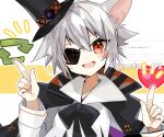  1girl animal_ears arknights arrow_(symbol) artist_name black_bow black_bowtie black_cape black_headwear bow bowtie cape click_(arknights) click_(grave_thief)_(arknights) commentary_request fang grey_hair hair_between_eyes hat heart itsuki_02 like_and_retweet long_sleeves looking_at_viewer mouse_ears mouse_girl notice_lines official_alternate_costume open_mouth red_eyes request_inset shirt short_hair solo tilted_headwear top_hat twitter_username upper_body white_shirt 