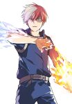  1boy belt boku_no_hero_academia burn_scar cryokinesis fingernails fire green_eyes grey_belt highres male_focus multicolored_hair open_mouth ororooops pyrokinesis scar scar_on_face short_hair simple_background solo split-color_hair teeth todoroki_shouto two-tone_hair u.a._gym_uniform upper_teeth_only white_background 