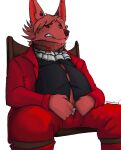 2023 adelram_(johnnyfiveaces) anthro belly big_belly canid canine canis chair clothed clothing clothing_stretch demon digital_media_(artwork) dress_shirt fur furniture hair jackal looking_down male mammal on_chair overweight shaded sheppyduke shirt signature simple_background sitting sitting_on_chair snarling solo topwear trying_to_put_on_pants visible_underwear wardrobe_malfunction white_background