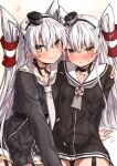  2girls amatsukaze_(kancolle) amatsukaze_kai_ni_(kancolle) black_dress blush buttons closed_mouth collarbone commentary_request cowboy_shot dress dual_persona grey_hair hair_between_eyes hair_tubes highres kantai_collection long_hair long_sleeves looking_at_viewer multiple_girls parted_lips sailor_collar sailor_dress sidelocks smile takanashi_kei_(hitsujikan) two_side_up white_sailor_collar yellow_eyes 