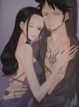  1boy 1girl black_hair blue_eyes breasts chest_tattoo closed_mouth commentary_request couple dress earrings facial_hair goatee hand_tattoo hetero highres hood hood_up hoodie jewelry large_breasts long_hair looking_at_viewer nico_robin nsgw one_eye_closed one_piece open_clothes purple_dress short_hair smile tattoo trafalgar_law yellow_eyes 