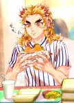  1boy :t blonde_hair burger closed_mouth cup desk drinking_straw eating food forked_eyebrows french_fries hair_ornament holding holding_food kimetsu_no_yaiba kina_izu long_hair male_focus multicolored_hair orange_eyes red_hair rengoku_kyoujurou shirt solo two-tone_hair white_shirt 