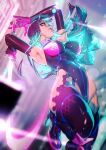  1girl aqua_hair armpits black_gloves black_thighhighs boots breasts colored_inner_hair covered_navel elbow_gloves energy_sword from_below gloves groin hexagon_print highleg highleg_leotard highres holding holding_weapon kionaoki leotard long_hair medium_breasts motion_blur multicolored_clothes multicolored_gloves multicolored_hair multicolored_leotard orange_eyes original sword thigh_boots thighhighs weapon 