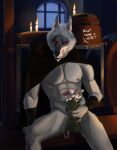 abs anthro bar barrel bench bouquet candle claws clothing container cup death_(puss_in_boots) dialogue dreamworks flower flower_bouquet fur fuzzy glass glass_container glass_cup leaning leaning_back leaning_on_hand licking licking_lips looking_at_viewer male mask nipples pantsless plant poncho poppeach puss_in_boots_(dreamworks) red_eyes shirtless sitting solo tongue tongue_out white_body white_fur wrapped_arms