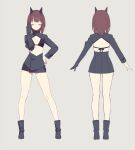  1girl ankle_boots black_footwear boots breasts brown_hair closed_eyes closed_mouth djmax gloves hair_ornament hand_on_own_hip highres long_sleeves mamo_c manager_(djmax) navel non-web_source short_hair standing 