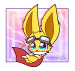 2021 chibi eeveelution eyewear eyewear_on_head feral fur generation_1_pokemon goggles goggles_on_head jolteon male neck_tuft nintendo open_mouth pokemon pokemon_(species) scarf shrike_alvaron simple_background solo teal_eyes tuft white_body white_fur xtremityy yellow_body yellow_fur