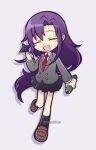  1girl black_skirt black_socks brown_footwear closed_eyes collared_shirt doradorakingyo facing_viewer full_body goshiki_agiri grey_jacket holding holding_scroll holding_shuriken jacket kill_me_baby long_hair necktie open_mouth parody purple_hair puyopuyo red_necktie scroll shirt skirt socks solo style_parody twitter_username very_long_hair white_shirt 