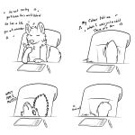 2021 4_panel_comic ambiguous_gender anthro avicii black_and_white canid canine chair cheek_tuft comic digital_drawing_(artwork) digital_media_(artwork) drawing_tablet english_text eyes_closed facial_tuft fluffy fluffy_tail fur furniture handwritten_text head_tuft hi_res humor line_art lyrics maligaytor mammal monochrome musical_note nude open_mouth simple_background singing sitting smile snout solo tail text tuft white_background