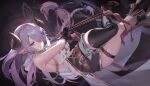  1girl belt blue_eyes boots breasts bug butterfly commission draph granblue_fantasy hair_ornament hair_over_one_eye hairclip highres holding holding_sword holding_weapon horn_ornament horns katana large_breasts long_hair narmaya_(granblue_fantasy) purple_hair sideboob solo sword thigh_boots tolfobak2 weapon 