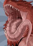 absurd_res ambiguous_gender bodily_fluids cheek_spikes dragon drooling facial_spikes hi_res imperatorcaesar mouth_shot narrowed_eyes open_mouth pink_tongue pupils red_body red_scales saliva saliva_string scales sharp_teeth simple_background slit_pupils solo spikes spikes_(anatomy) teeth tongue tongue_out