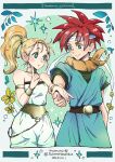  1boy 1girl armlet artist_name bare_shoulders belt blonde_hair blue_tunic blush bracer breasts brown_belt chrono_trigger closed_mouth cowboy_shot crono_(chrono_trigger) dated finger_to_own_chin flower gold_choker green_eyes green_shirt headband highres holding_hands jumpsuit long_hair looking_at_another marle_(chrono_trigger) maruno medium_breasts neckerchief orange_neckerchief parted_lips ponytail red_hair shirt short_hair smile spiked_hair strapless twitter_username white_headband white_jumpsuit yellow_flower 