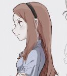  1girl black_hairband blue_shirt breasts brown_hair commentary_request forehead grey_background hairband idolmaster idolmaster_(classic) long_hair looking_ahead minase_iori momo_(mmym_3) profile shirt sidelocks sketch small_breasts smile smug solo upper_body 