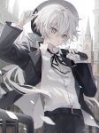  1boy adjusting_clothes black_pants building collared_shirt gloves grey_eyes hair_between_eyes hat highres jacket long_sleeves looking_at_viewer male_focus namiki_itsuki original pants petals ribbon shirt solo white_gloves white_shirt 