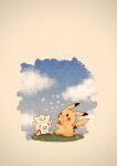  :d animal_focus black_eyes blue_sky bubble bubble_blowing cloud colored_skin commentary highres no_humans on_grass pikachu pokemon pokemon_(creature) simple_background sitting sky smile symbol-only_commentary tail togepi white_background yellow_skin zozozoshion 