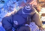 2023 anthro bear belly big_belly bottomwear christmas christmas_clothing christmas_headwear clothed clothing detailed_background dot_eyes eating group hat headgear headwear hi_res holidays hoodie kemono male mammal moobs navel open_clothing open_hoodie open_topwear outside overweight overweight_male pants santa_hat sitting size_difference snow topwear yuyuitudou