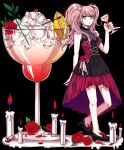  1girl bare_arms bare_shoulders bear_hair_ornament black_background black_dress black_footwear blonde_hair braid breasts candle cocktail danganronpa:_trigger_happy_havoc danganronpa_(series) dress earrings enoshima_junko flower full_body hair_ornament highres hy_(fjvlg) jewelry medium_breasts pink_hair red_dress red_flower shoes simple_background solo twin_braids 