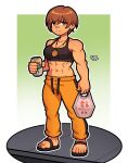  1girl abs bag bandage_on_face bandages brown_hair can clenched_hand gloves highres jewelry looking_to_the_side muscular muscular_female necklace pants persona persona_4 plastic_bag satonaka_chie short_hair slippers solo sweatpants teeth tomboy vj99 