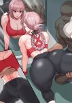  1boy 1girl abs absurdres ass assisted_stretching bare_shoulders black_pants black_ribbon braid braided_ponytail breasts cleavage collarbone faceless faceless_male fate/grand_order fate_(series) florence_nightingale_(fate) from_behind from_below hair_ribbon hand_on_another&#039;s_chest hand_on_another&#039;s_thigh hanging_breasts harurukan highres huge_ass large_breasts leg_up long_hair looking_at_self mirror multiple_views navel pants parted_lips pink_hair red_eyes red_sports_bra red_wristband reflection ribbon sports_bra stretching thighs tile_floor tiles toned white_footwear yoga_pants 
