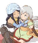  2girls black_hair breasts closed_mouth detached_sleeves earrings gensou_suikoden gensou_suikoden_tierkreis grey_eyes grey_hair highres jewelry long_hair low_twintails marica_(suikoden_tierkreis) medium_breasts minat111 multiple_girls necklace open_mouth robe sash sisuca_(suikoden) smile striped thighhighs twintails very_long_hair white_background white_hair 