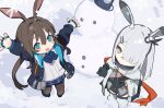  2girls :d absurdres amiya_(arknights) animal_ear_fluff animal_ears arknights arms_up ascot black_gloves black_jacket black_pantyhose blue_ascot blue_collar blue_eyes blue_skirt blush_stickers brown_hair chibi coat collar ear_ornament frostnova_(arknights) gloves grey_eyes grey_hair grey_shirt hair_between_eyes hair_over_one_eye happy highres jacket jewelry long_sleeves maria_(syake-uni) multiple_girls multiple_rings neck_ring open_clothes open_coat open_hands open_jacket open_mouth pantyhose plaid plaid_skirt pleated_skirt ponytail rabbit_ears rabbit_girl ring scar scar_on_face scar_on_nose shirt skirt smile snowflakes snowman standing thighhighs white_coat white_shirt white_thighhighs 