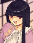 1girl :d black_hair blunt_bangs boa_(brianoa) commentary hand_up highres houraisan_kaguya long_hair long_sleeves open_mouth pink_shirt red_eyes shirt sleeves_past_fingers sleeves_past_wrists smile solo touhou upper_body 