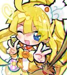  ahoge blonde_hair blue_eyes blush bow broom chromatic_aberration cosplay cure_peace cure_peace_(cosplay) doradorakingyo double_v earrings jewelry looking_at_viewer magical_girl one_eye_closed open_mouth precure puyopuyo twitter_username v white_background witch_(puyopuyo) yellow_bow 