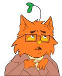 bmashina chubby_male clothing coat eyewear felid feline food fruit fur glasses hi_res male mammal meme necktie nerd orange_body orange_fur plant plant_hair pseudo_hair simple_background solo soyjak topwear trenchcoat white_background yellow_eyes