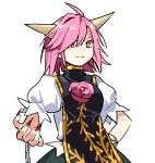  1girl ahoge black_tabard chain closed_mouth fingernails flower green_skirt hand_on_own_hip hand_up horns ibaraki_douji&#039;s_arm kaigen_1025 medium_hair pink_eyes pink_flower pink_hair pink_rose puffy_short_sleeves puffy_sleeves rose sharp_fingernails shirt short_hair short_sleeves simple_background skirt smile solo tabard touhou upper_body white_background white_shirt 