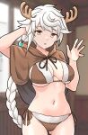  1girl antlers bikini braid breasts brown_bikini brown_capelet brown_eyes capelet cowboy_shot fake_antlers fur-trimmed_bikini fur_trim furaggu_(frag_0416) indoors kantai_collection large_breasts leotard long_hair navel reindeer_antlers side-tie_leotard single_braid solo swimsuit unryuu_(kancolle) white_hair window 